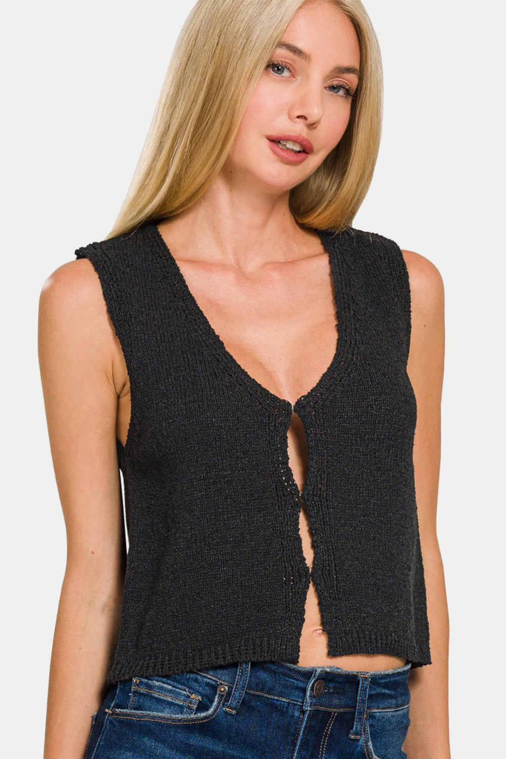 Black Hook and Eye Closure V-Neck Sweater Vest - Tigbul's Variety Fashion Shop