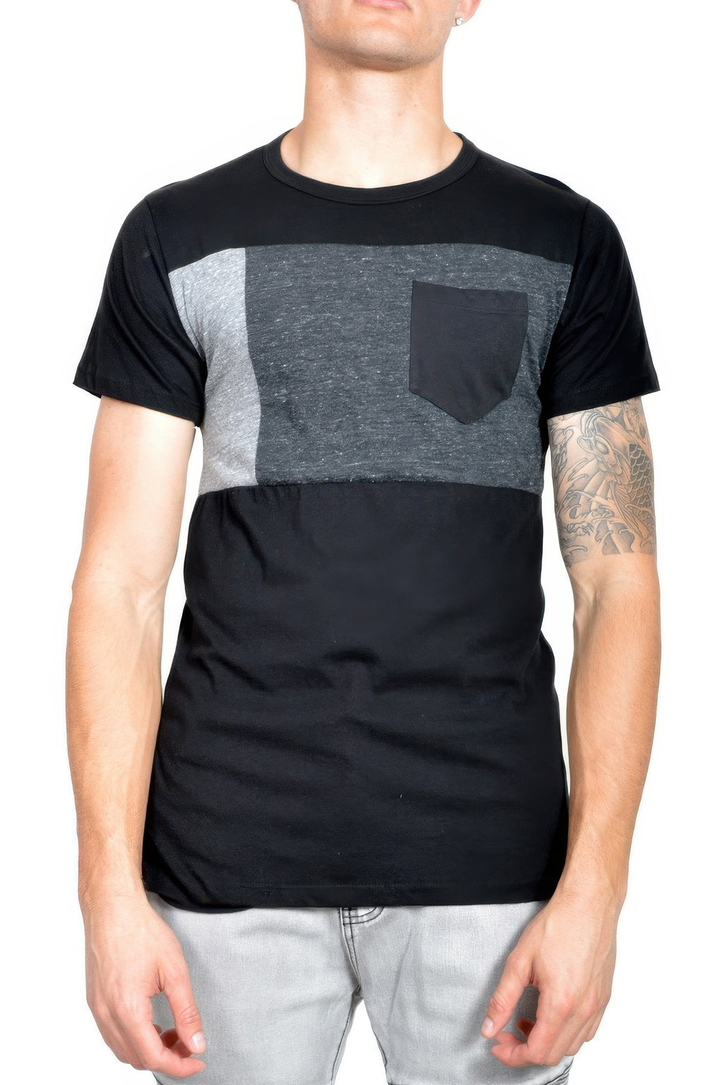 Mens black short-sleeve T-shirt with gray chest panel and black pocket detail