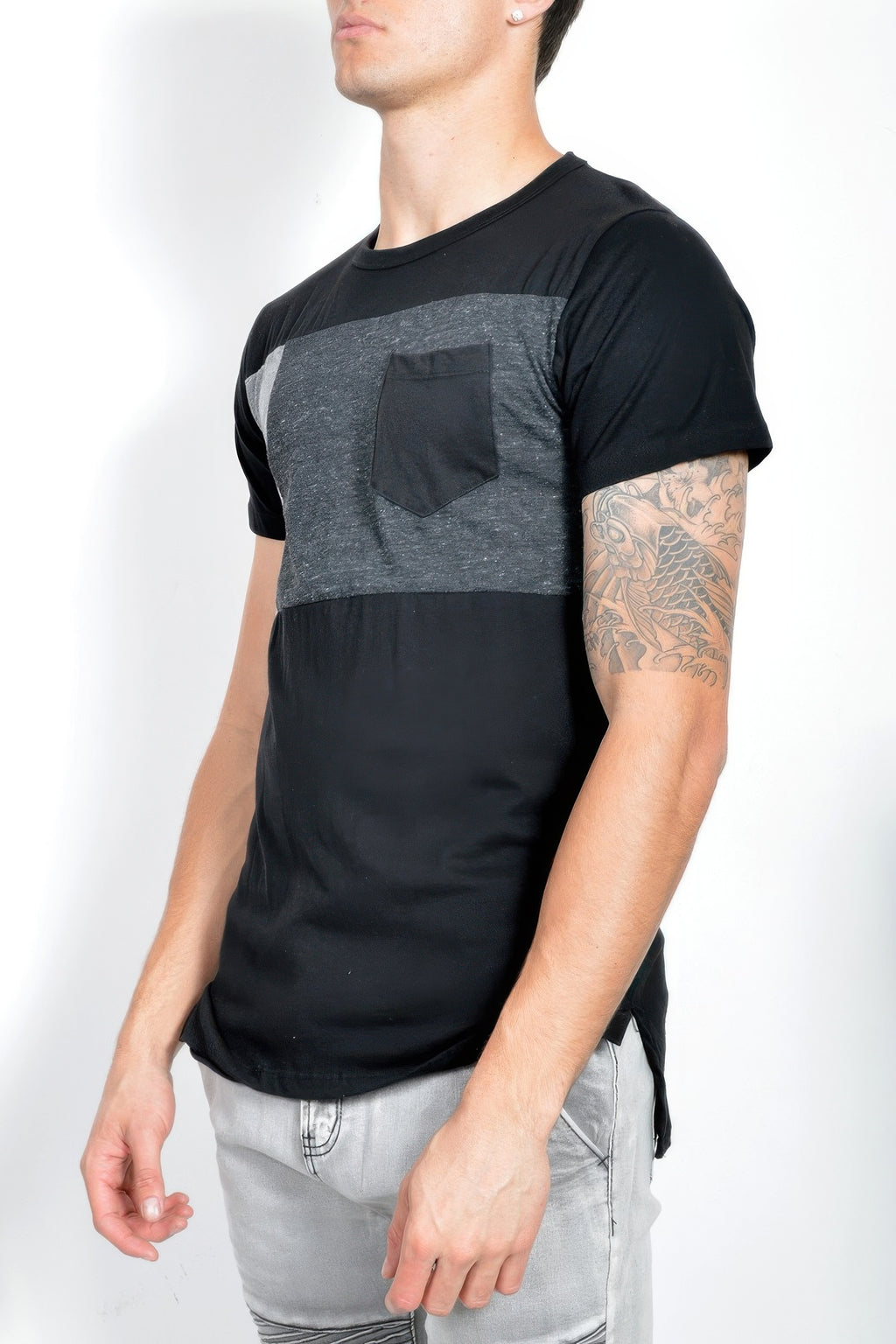 Black short-sleeve T-shirt with gray horizontal front panel and small chest pocket