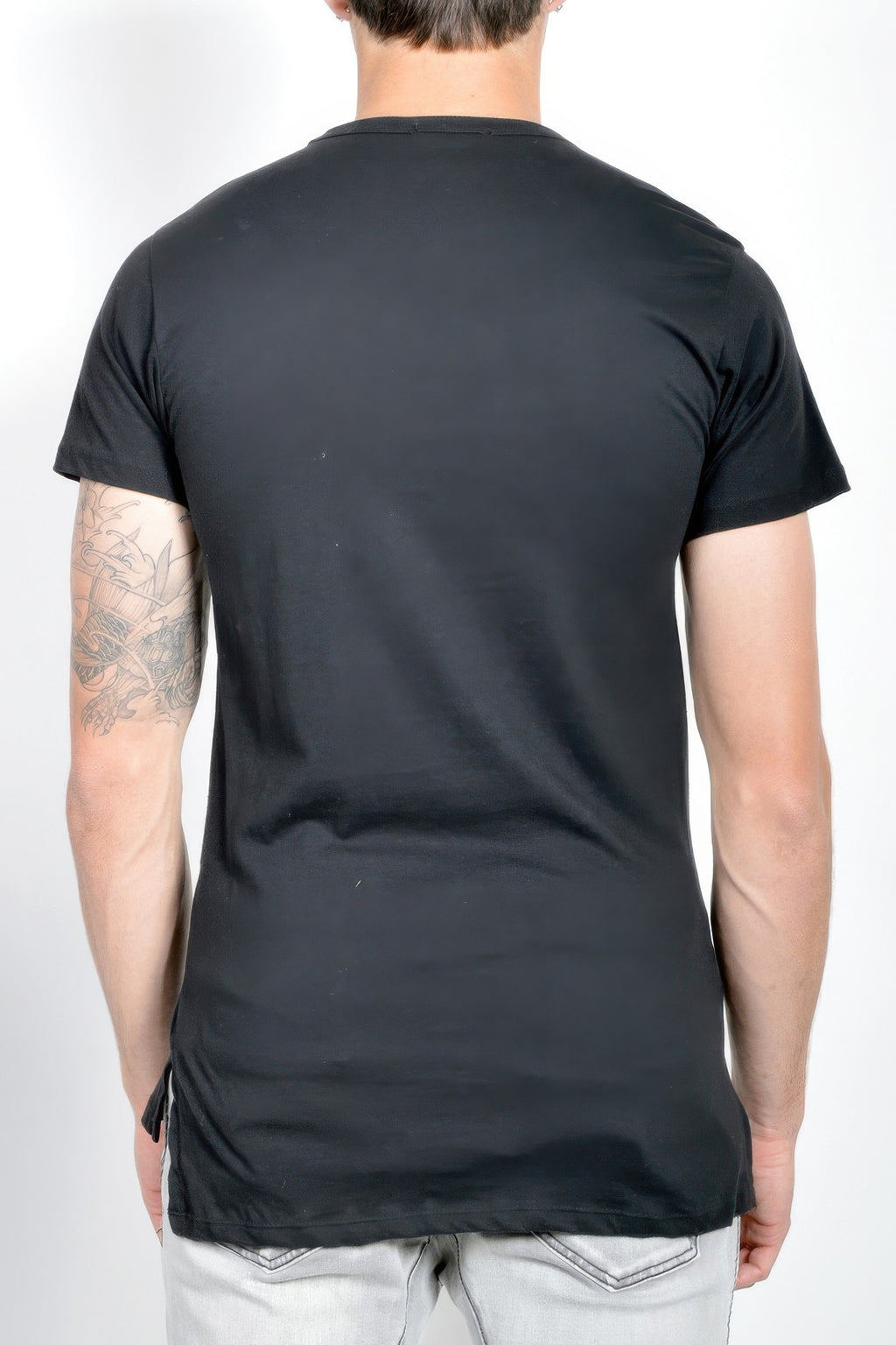 Back view: black short-sleeve T-shirt, plain back