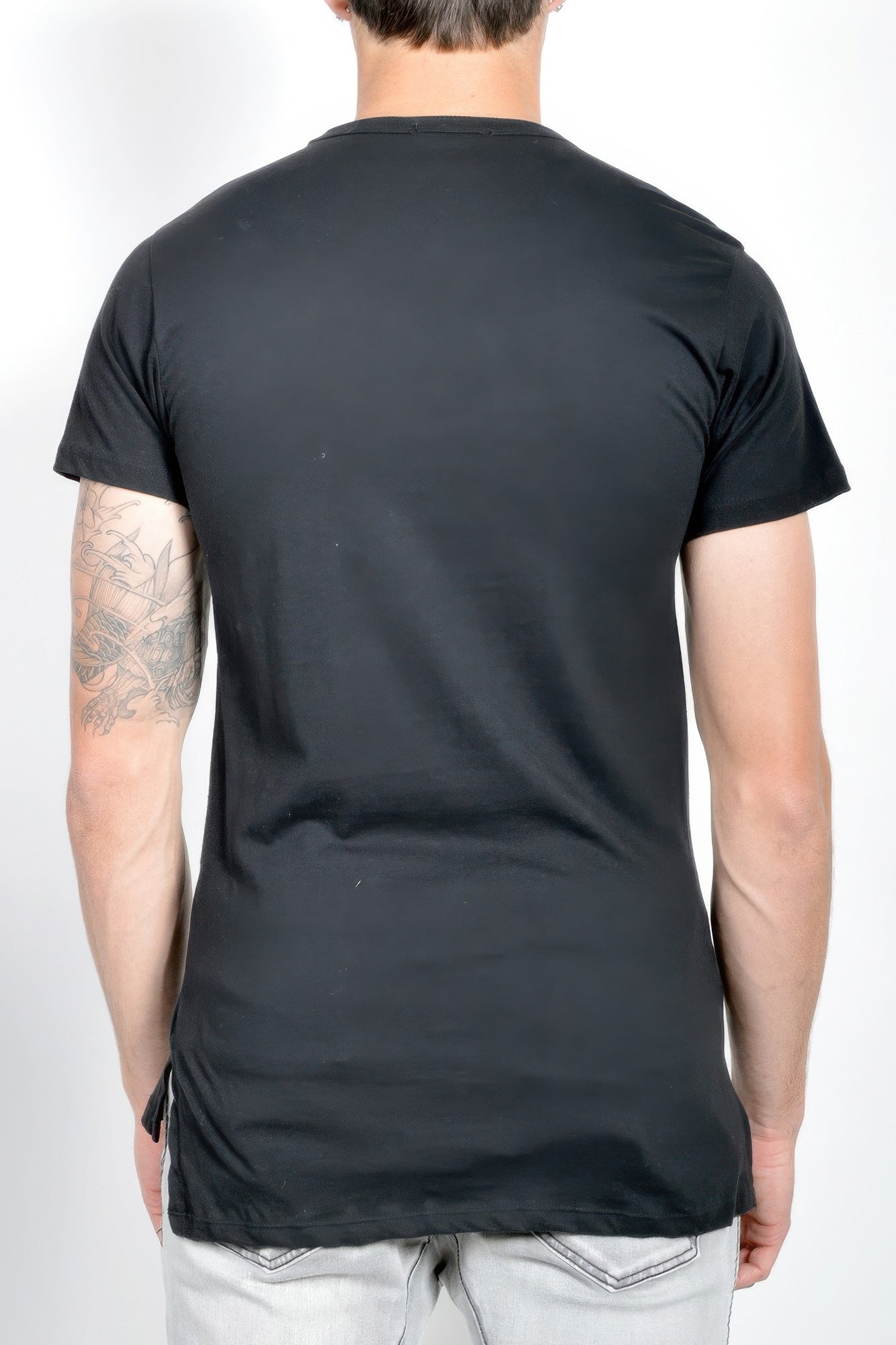 Back view: black short-sleeve T-shirt, plain back
