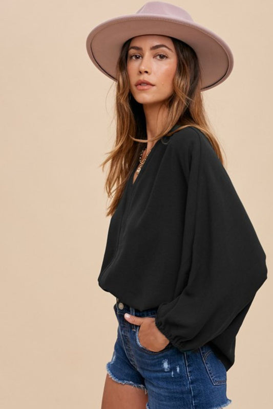 Black Notched Batwing Sleeve Blouse - Tigbul's Variety Fashion Shop
