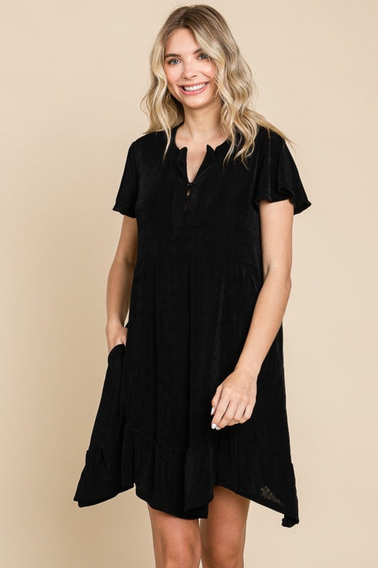 Black Notched Short Sleeve Dress - Tigbul's Variety Fashion Shop