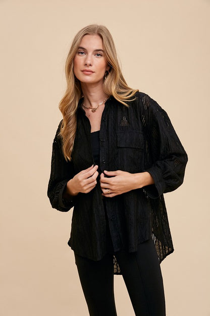 Black Openwork Button Down Drop Shoulder Shirt - Tigbul's Variety Fashion Shop