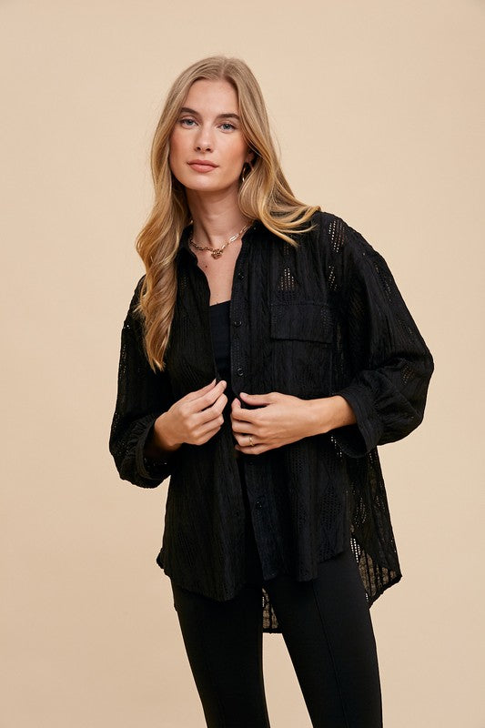Black Openwork Button Down Drop Shoulder Shirt - Tigbul's Variety Fashion Shop