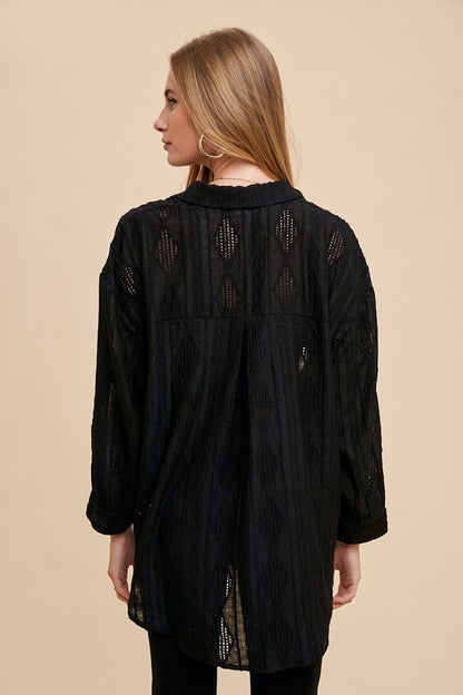 Black Openwork Button Down Drop Shoulder Shirt - Tigbul's Variety Fashion Shop