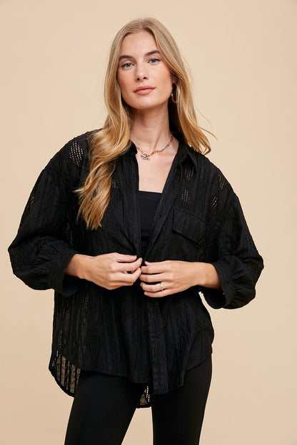 Black Openwork Button Down Drop Shoulder Shirt - Tigbul's Variety Fashion Shop