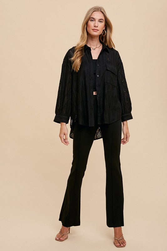 Black Openwork Button Down Drop Shoulder Shirt - Tigbul's Variety Fashion Shop