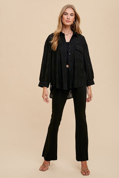 Black Openwork Button Down Drop Shoulder Shirt - Tigbul's Variety Fashion Shop
