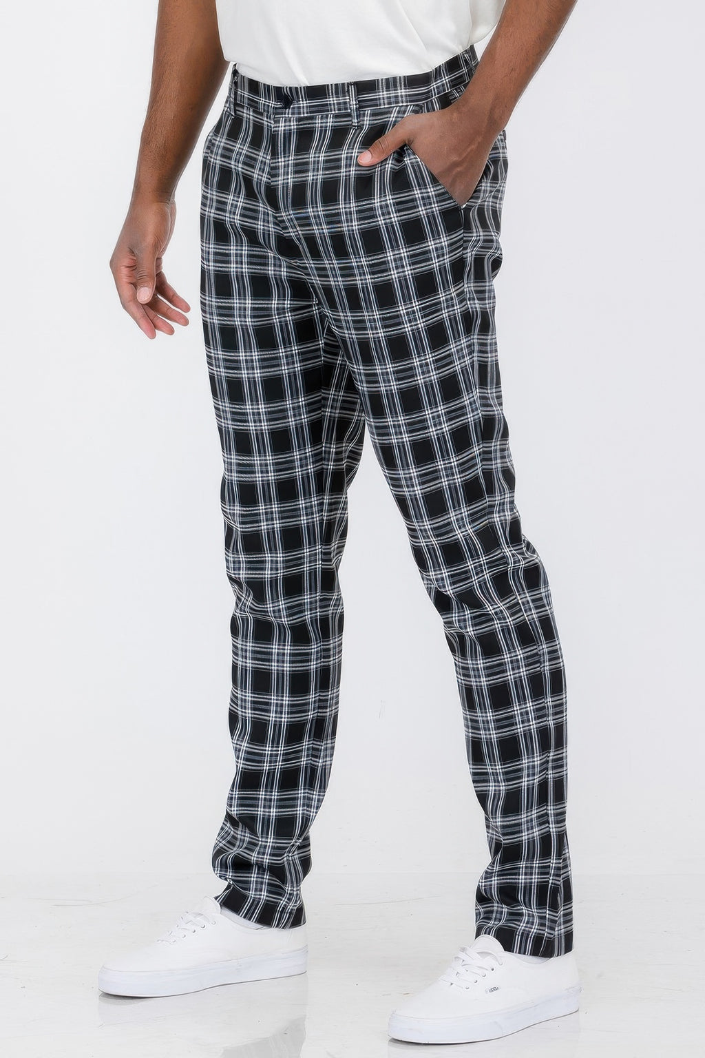 Black plaid trouser pants, side angle, belt loops and zipper fly