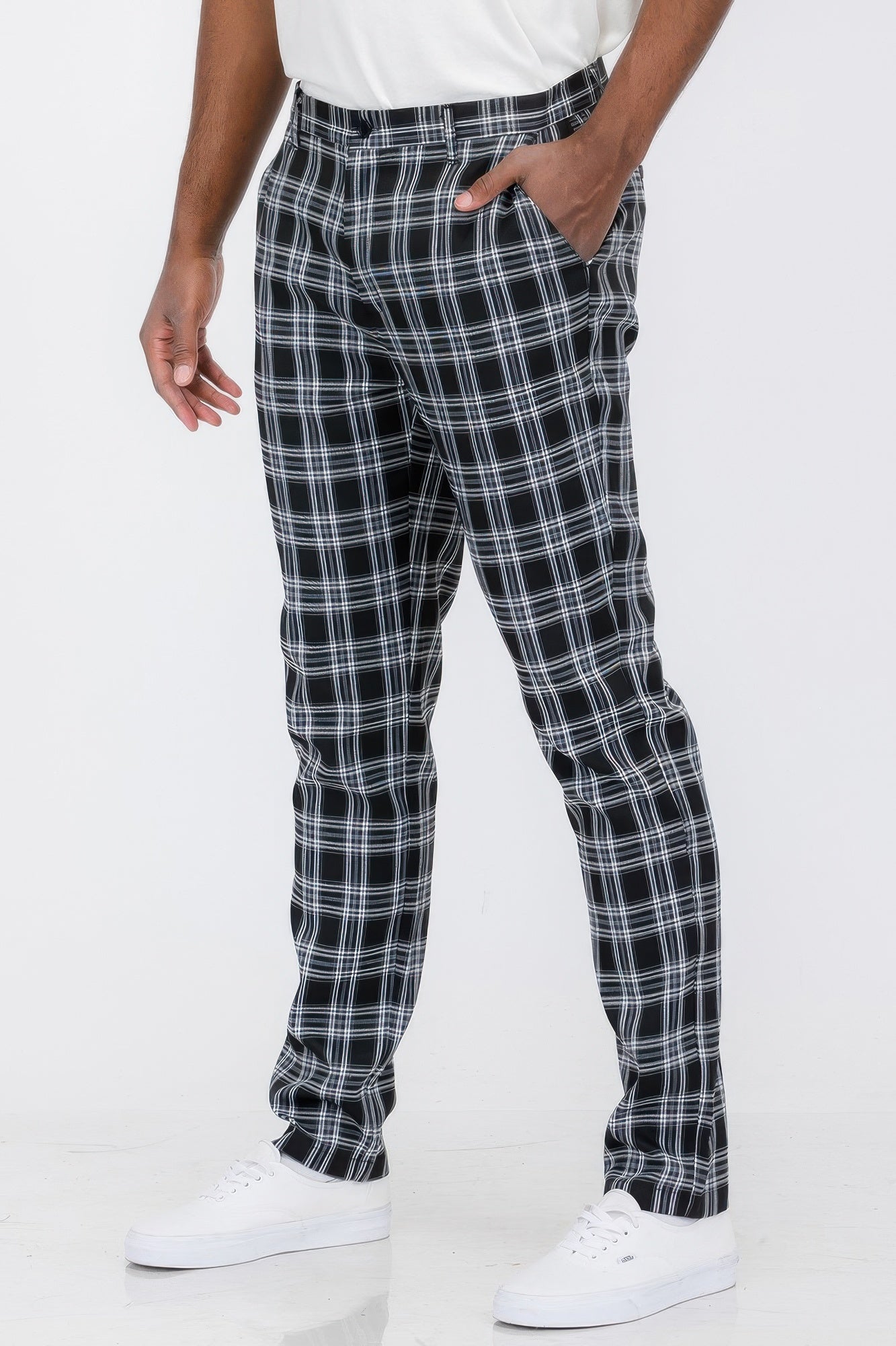 Black plaid trouser pants, side angle, belt loops and zipper fly