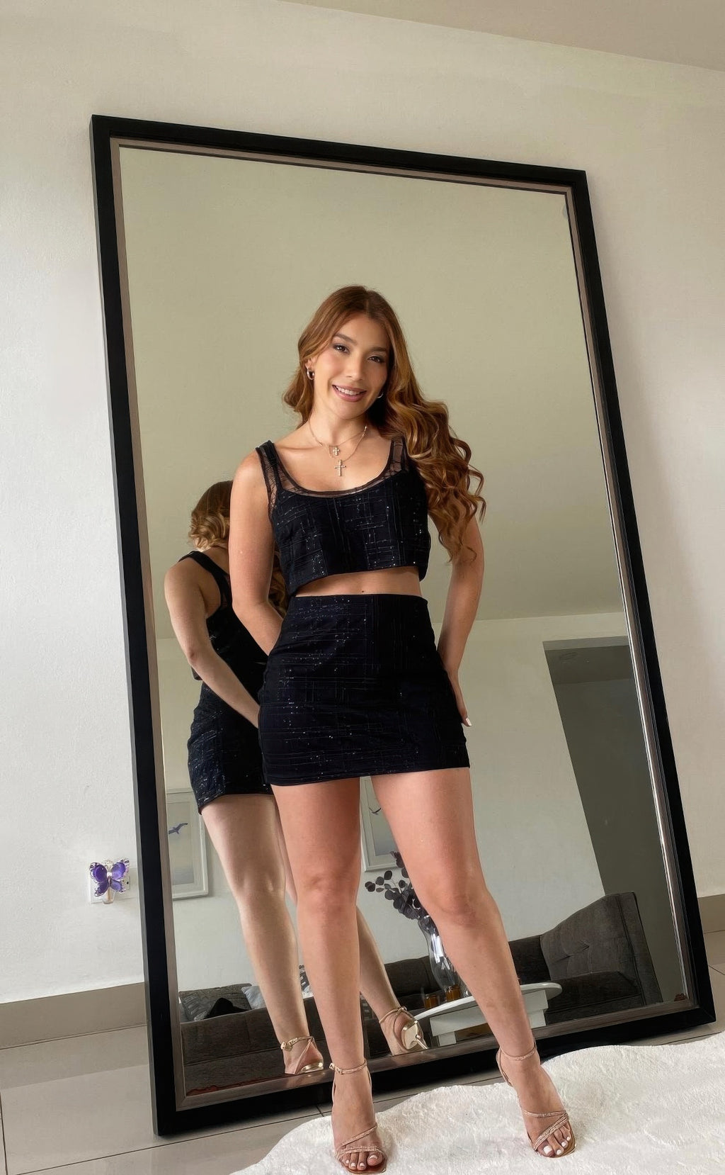 Black sequin crop top and mini skirt set, cutout waist