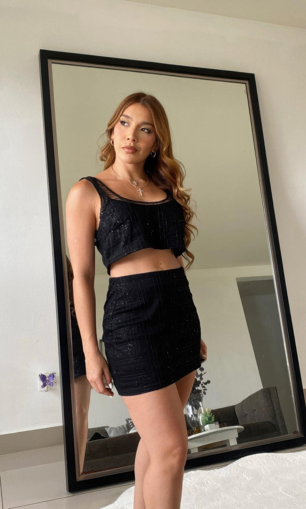 Black sequin crop top and mini skirt set, fitted sleeveless