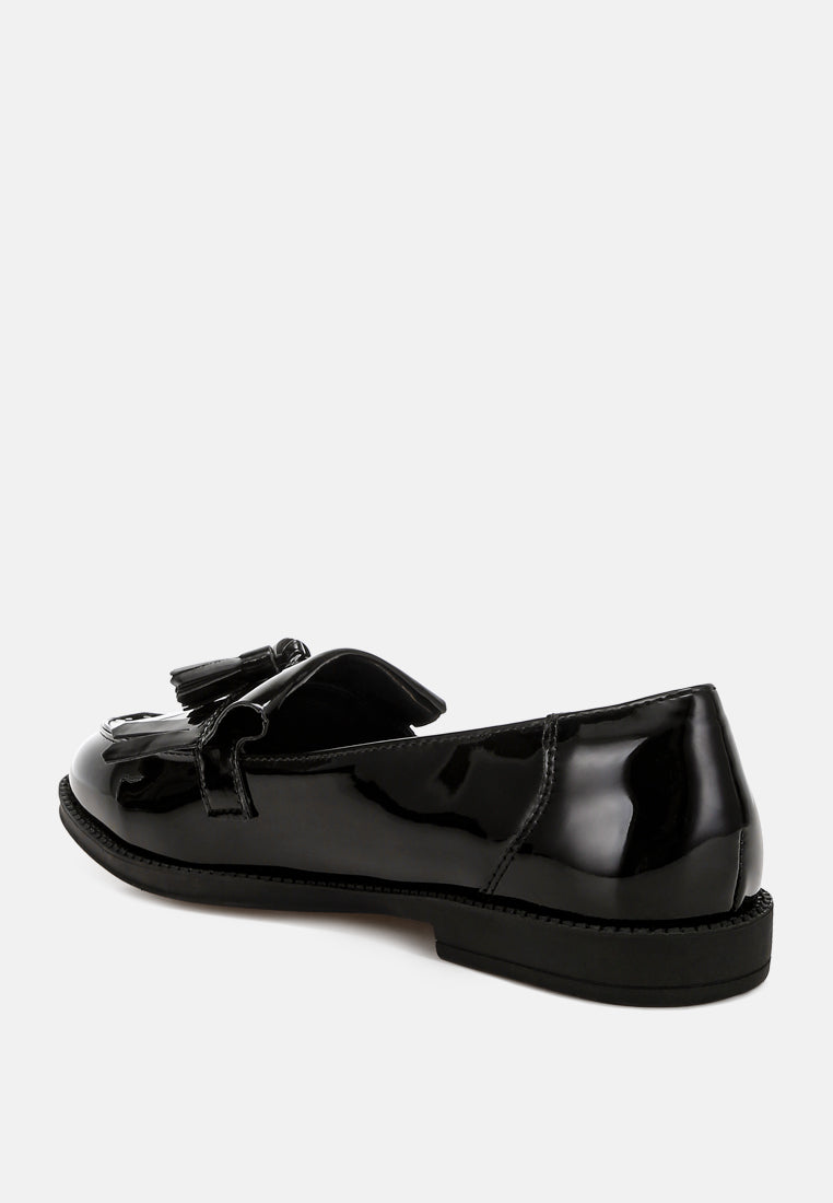 Blaneth tassel loafers noirs vernis, vue arrière avec semelle basse