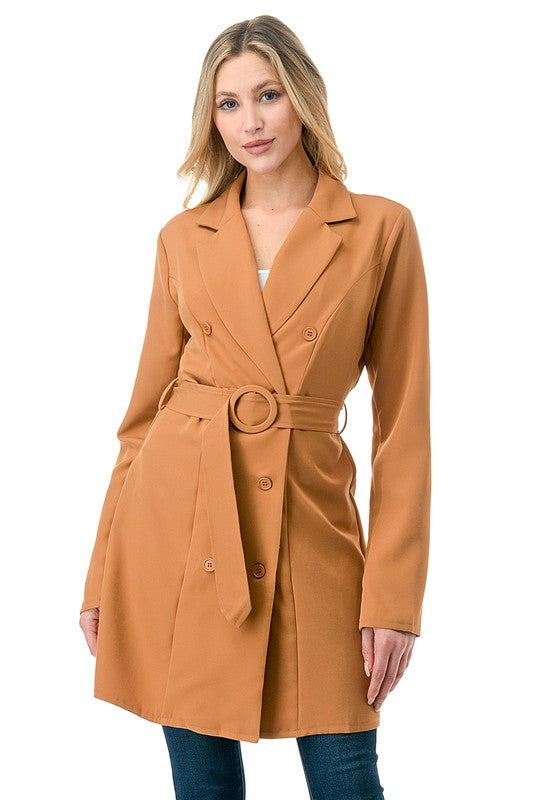Annva USA Blazer Camel mit Bindegürtel, Doppelreihe Knöpfe und Reverskragen