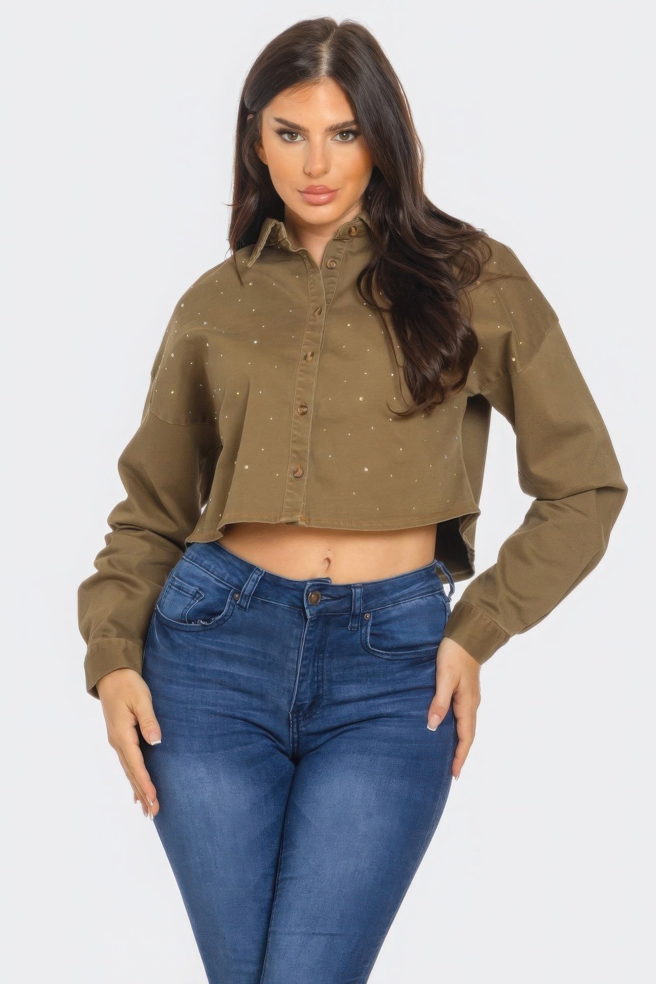 Olive bling denim button-down shirt with spread collar, front buttons, and glitter specks