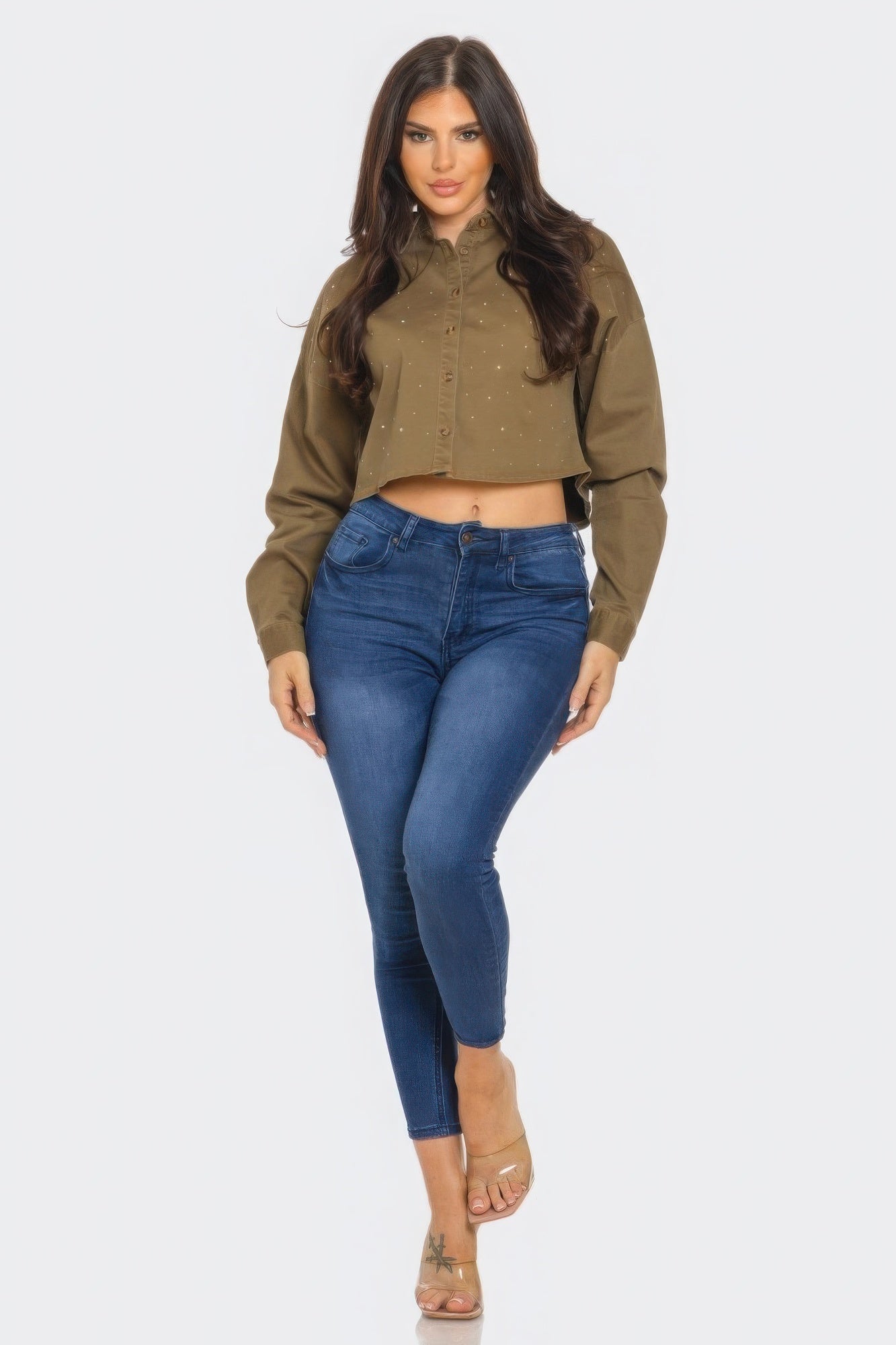 Olive cropped bling denim button-down shirt with long sleeves and front button placket
