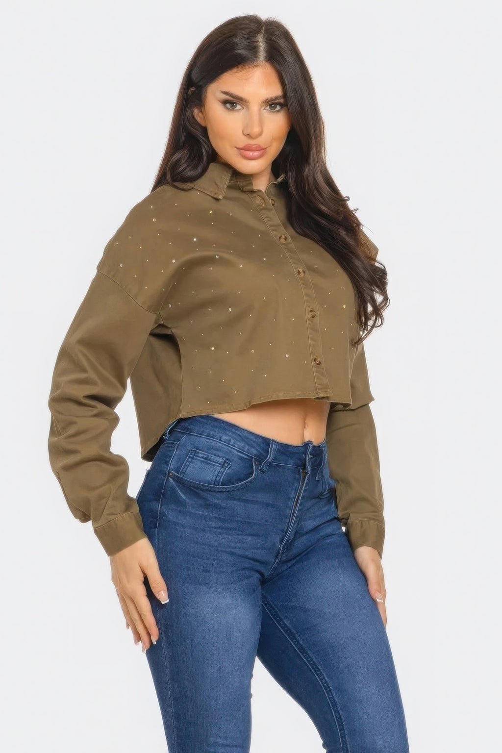 Olive bling denim button-down shirt, notch collar and sparkly speckled finish