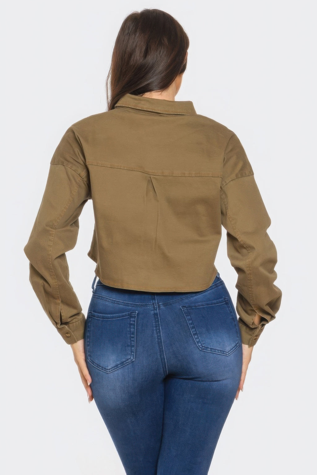 Back view: Olive bling denim button-down shirt with yoke seams and long sleeves