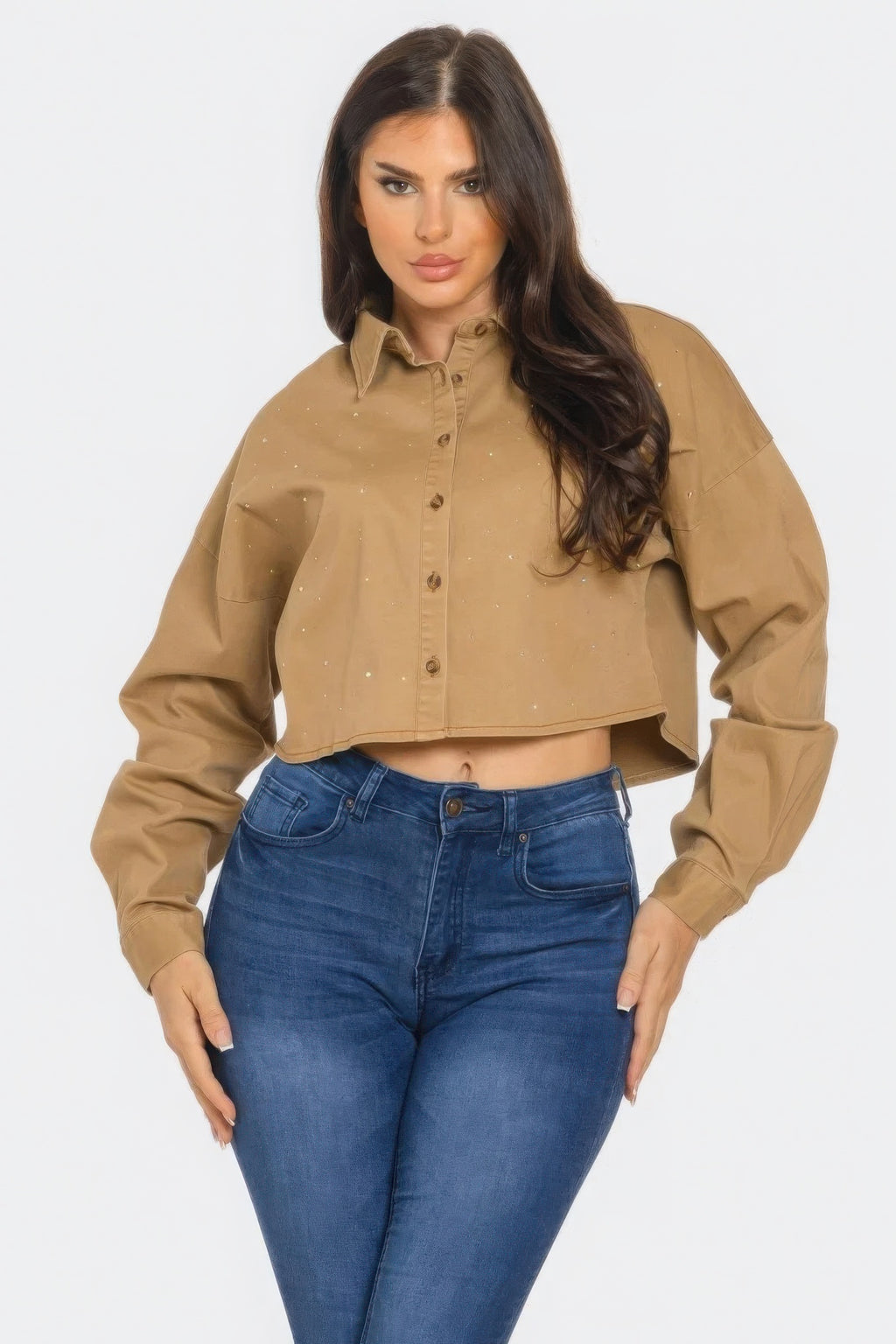Taupe bling denim button-down shirt with spread collar and glitter speckles