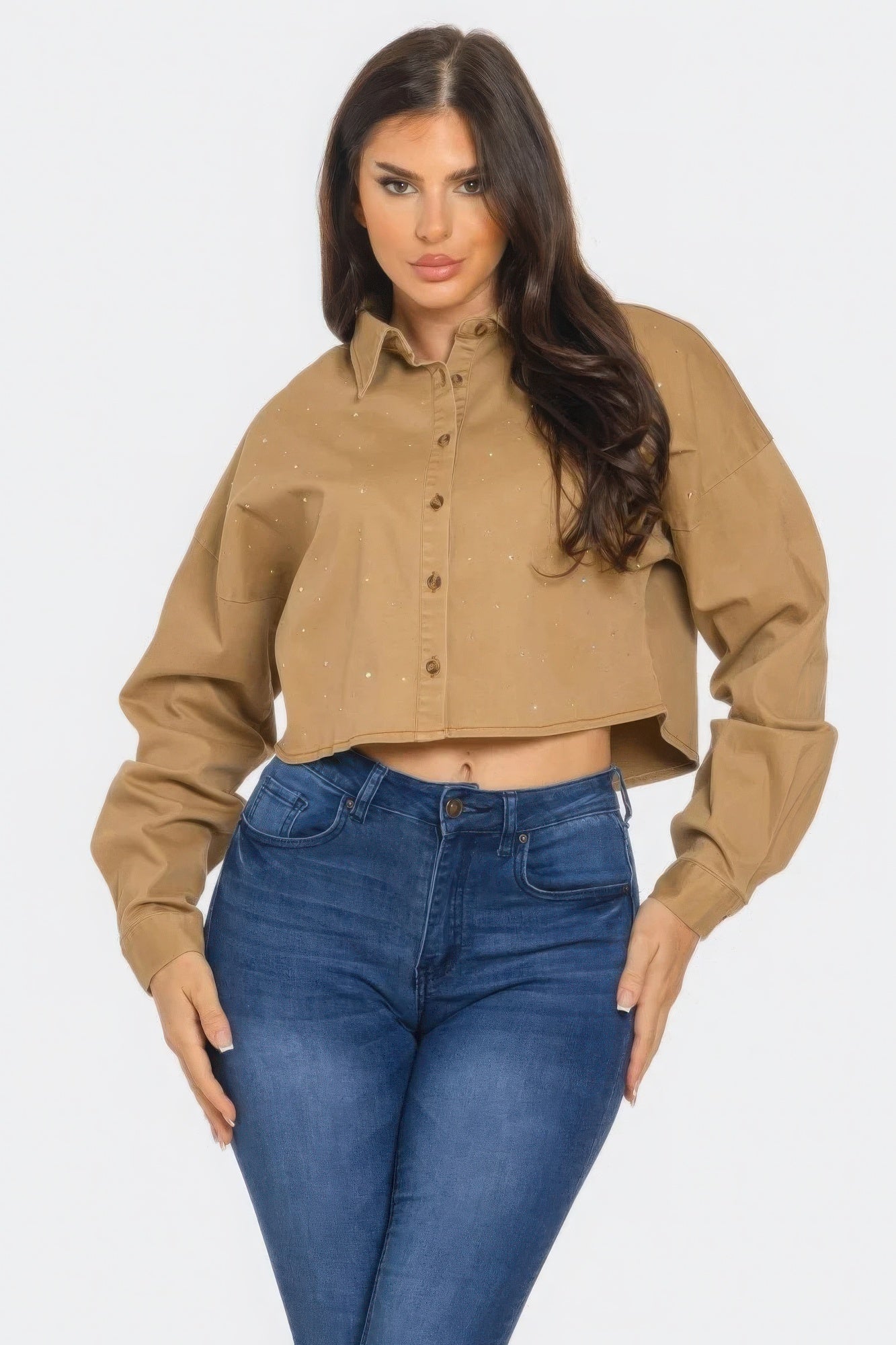 Taupe bling denim button-down shirt with spread collar and glitter speckles