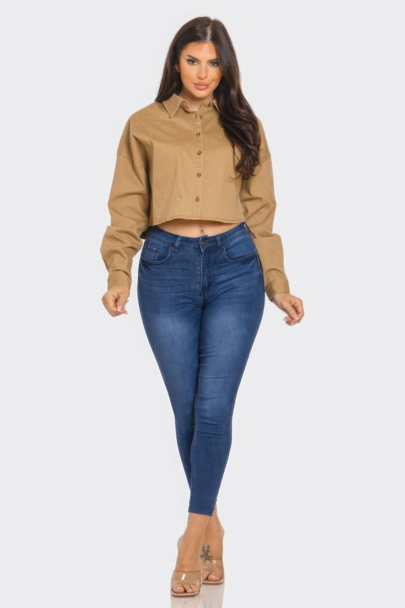 Taupe bling denim button-down shirt, long sleeves with button cuffs and front buttons