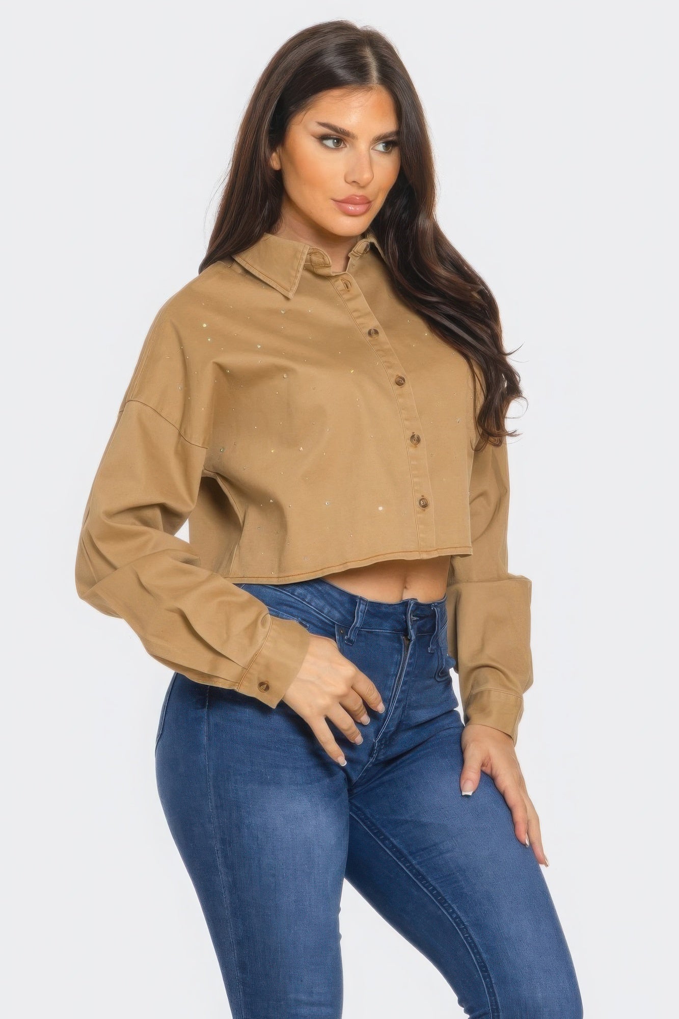 Tan/Taupe bling denim button-down shirt with collar and sparkly dot detailing
