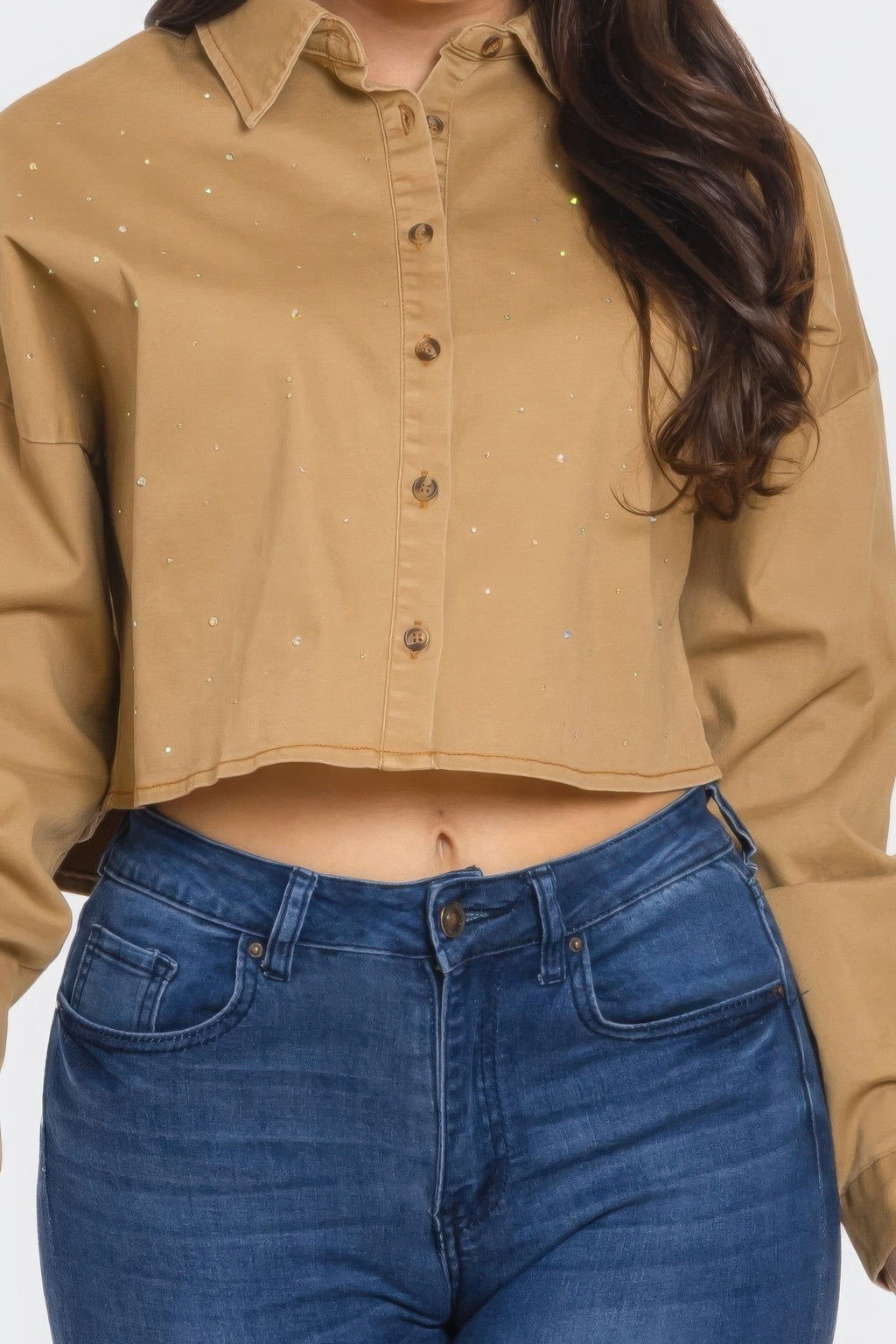 Close-up: Taupe bling denim button-down shirt with button placket and glitter specks