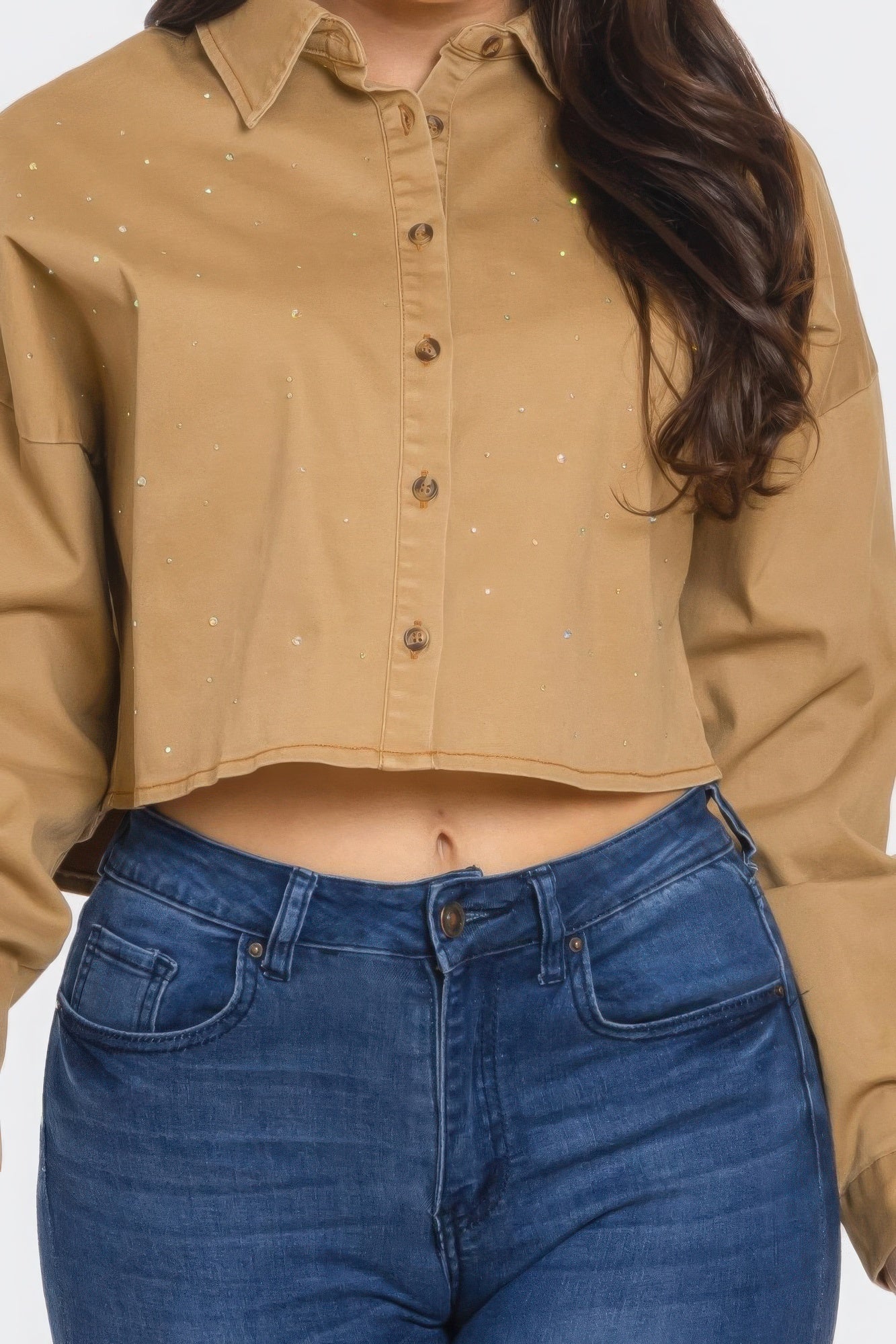 Close-up: Taupe bling denim button-down shirt with button placket and glitter specks