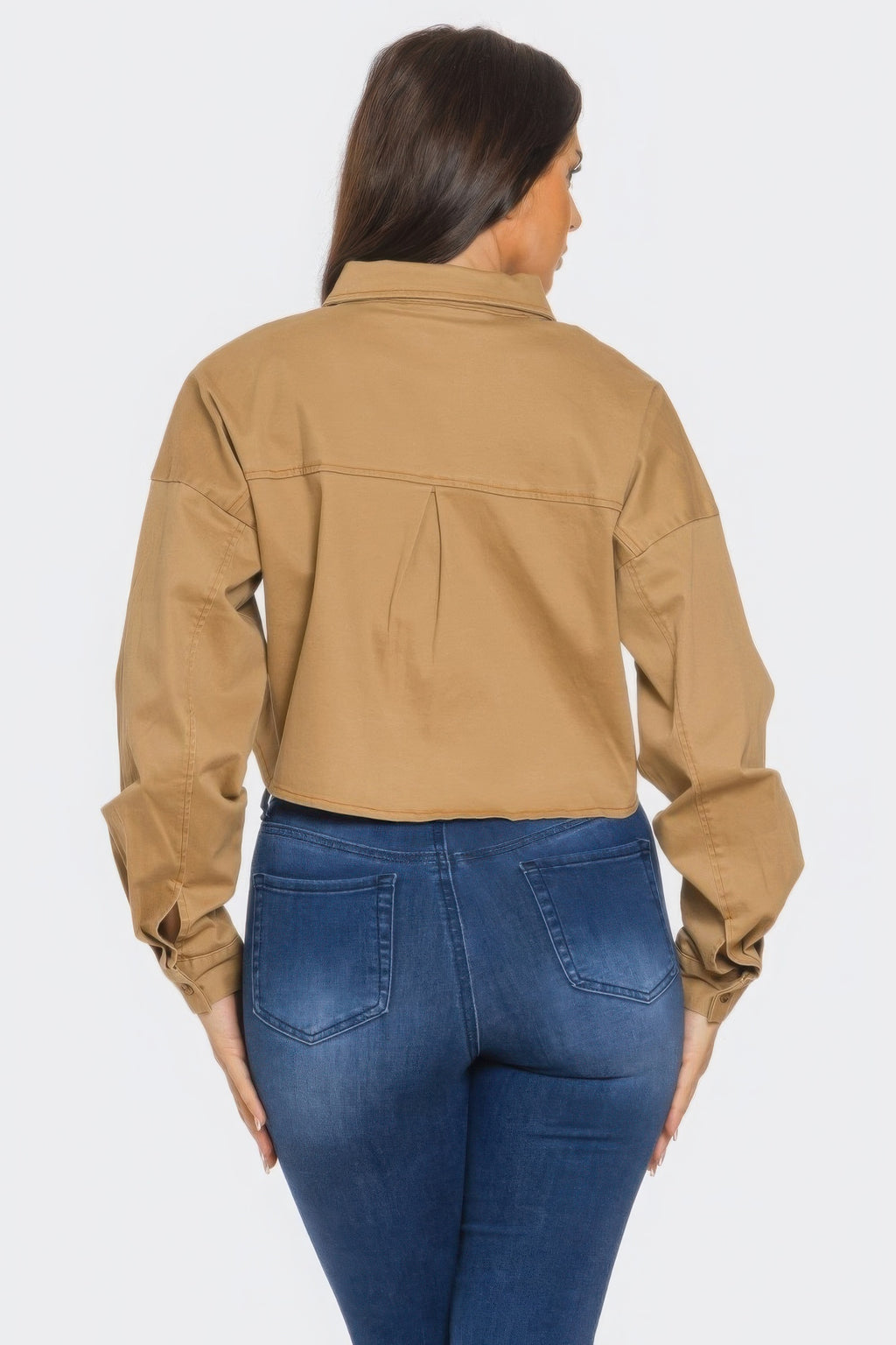 Back view: Taupe bling denim button-down shirt with yoke seams and full length sleeves