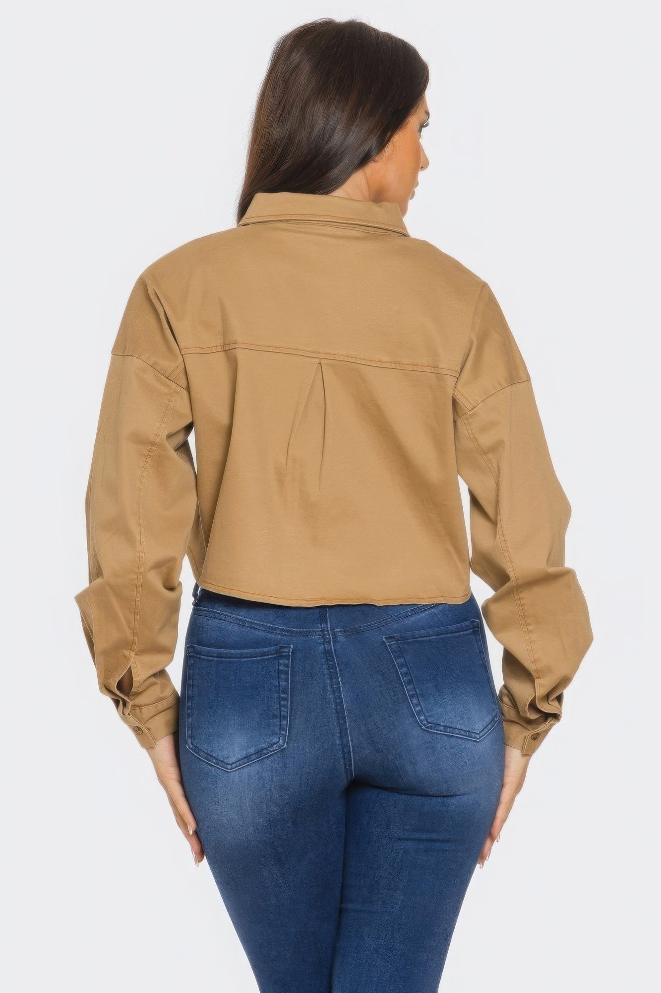 Back view: Taupe bling denim button-down shirt with yoke seams and full length sleeves