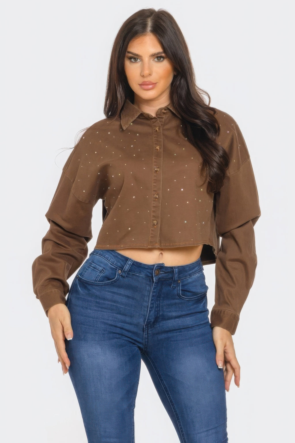 Brown bling denim button-down shirt with spread collar, front buttons, and glitter specks