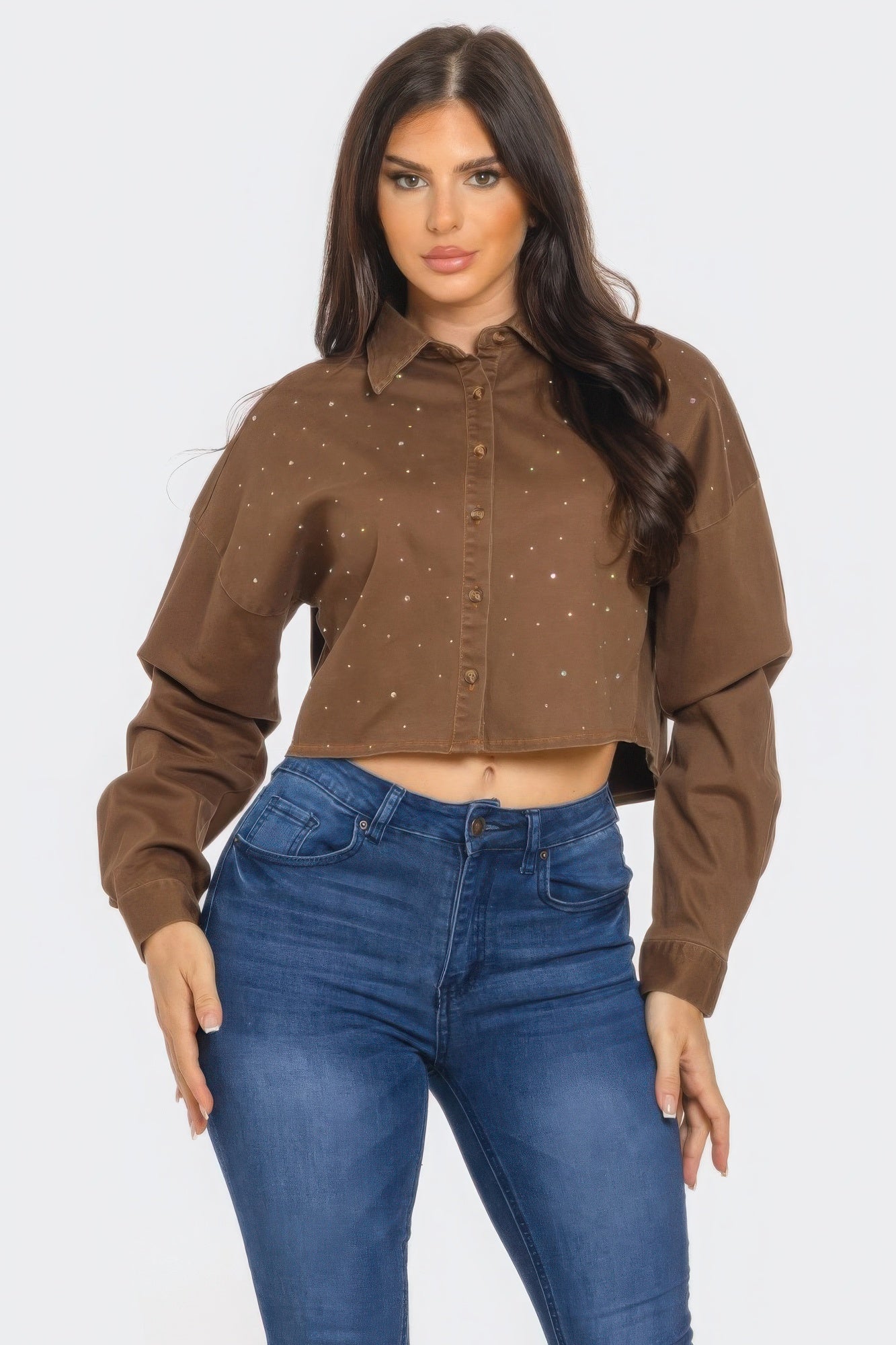 Brown bling denim button-down shirt with spread collar, front buttons, and glitter specks