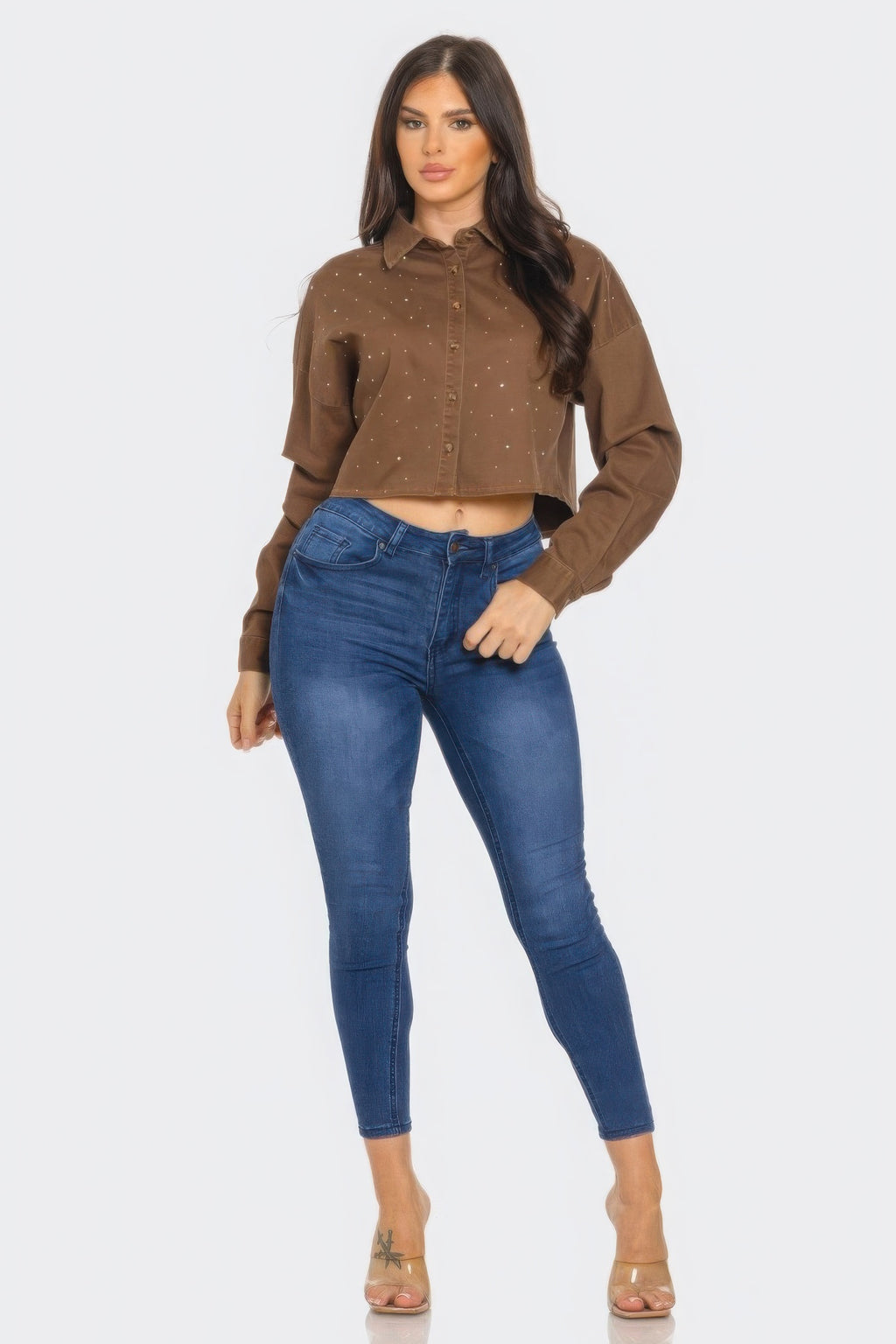 Bling denim button-down shirt in brown with pointed collar and button front