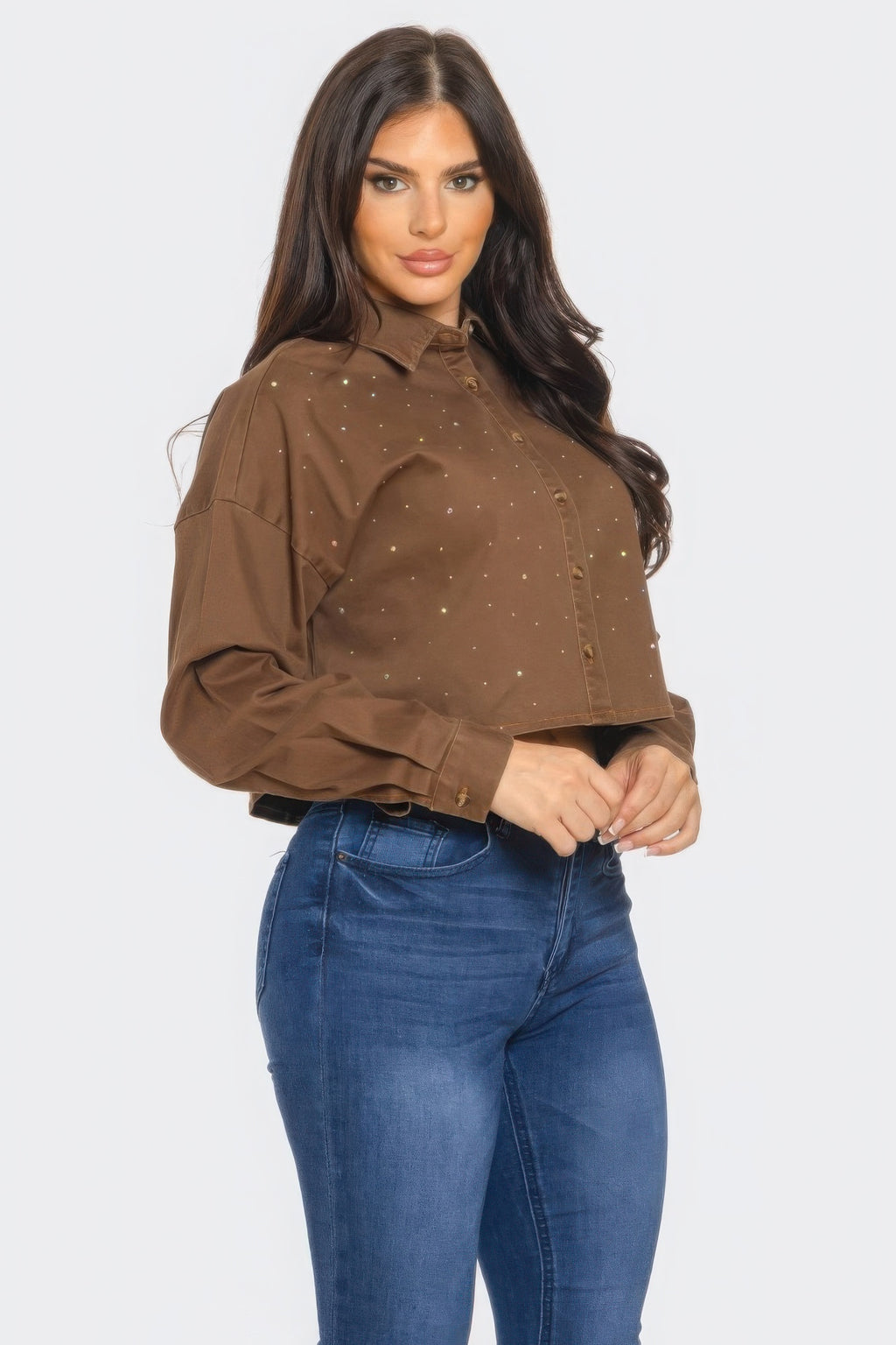 Bling button-down denim shirt, brown with sparkle dot detailing and long sleeves