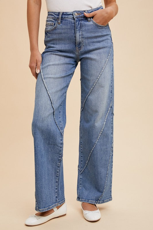 Blue Decorative Seams Wide Leg Jeans - Tigbul's Variety Fashion Shop