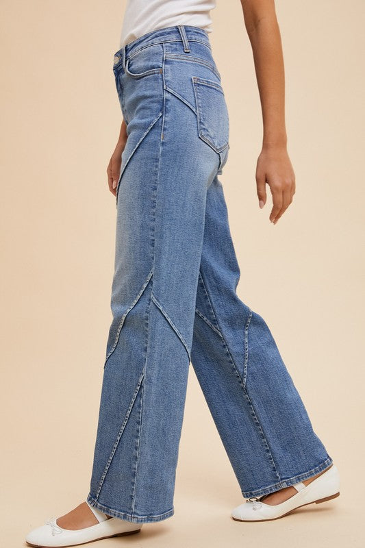Blue Decorative Seams Wide Leg Jeans - Tigbul's Variety Fashion Shop