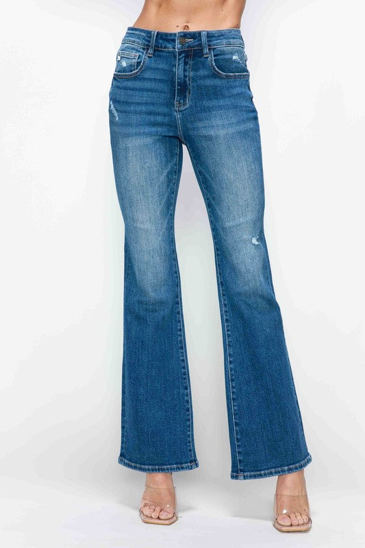 Medium blue high-rise bootcut jeans with front pockets and belt loops