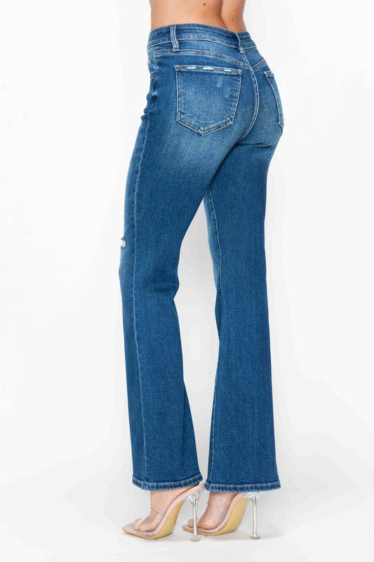 Medium blue bootcut jeans, high-rise fit, back patch pocket detail