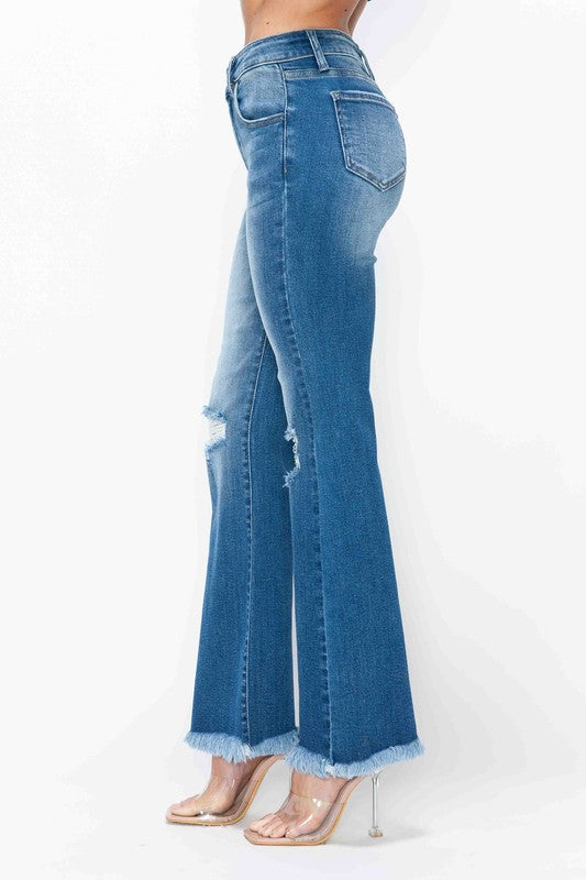 Blue Raw Hem Distressed High Rise Bootcut Jeans - Tigbul's Variety Fashion Shop
