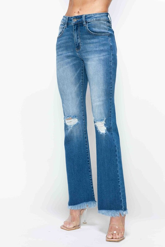 Blue Raw Hem Distressed High Rise Bootcut Jeans - Tigbul's Variety Fashion Shop