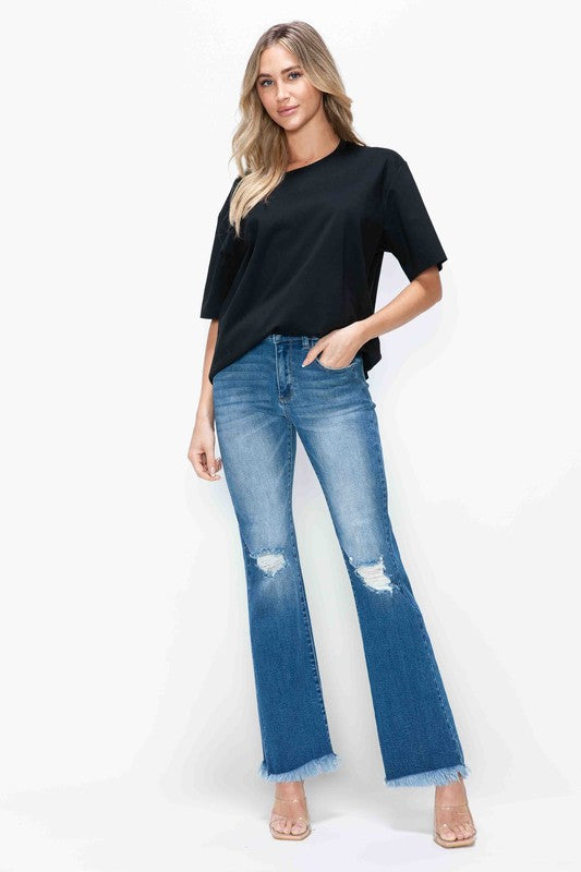Blue Raw Hem Distressed High Rise Bootcut Jeans - Tigbul's Variety Fashion Shop