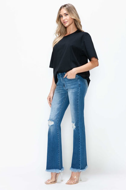 Blue Raw Hem Distressed High Rise Bootcut Jeans - Tigbul's Variety Fashion Shop