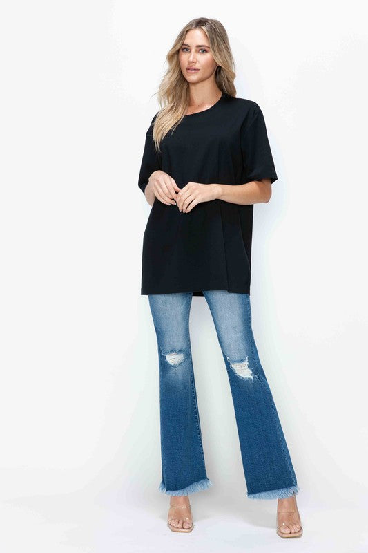 Blue Raw Hem Distressed High Rise Bootcut Jeans - Tigbul's Variety Fashion Shop