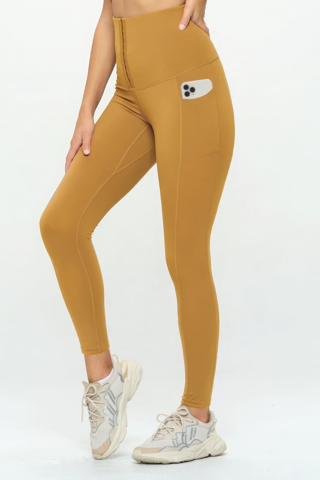Body Shaper Yoga-Leggings mit hoher Taille und Handytasche, senfgelb