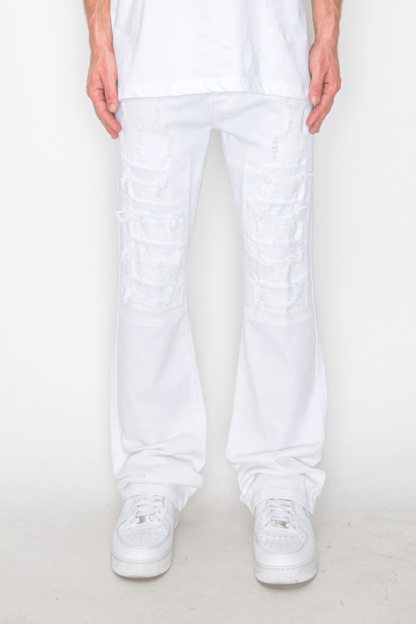 Bootcut rip & repair jeans, white denim with patched rips at knees