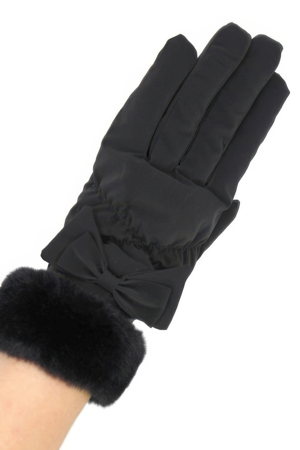 Black fleece smart-touch gloves with faux fur cuff and bow detail