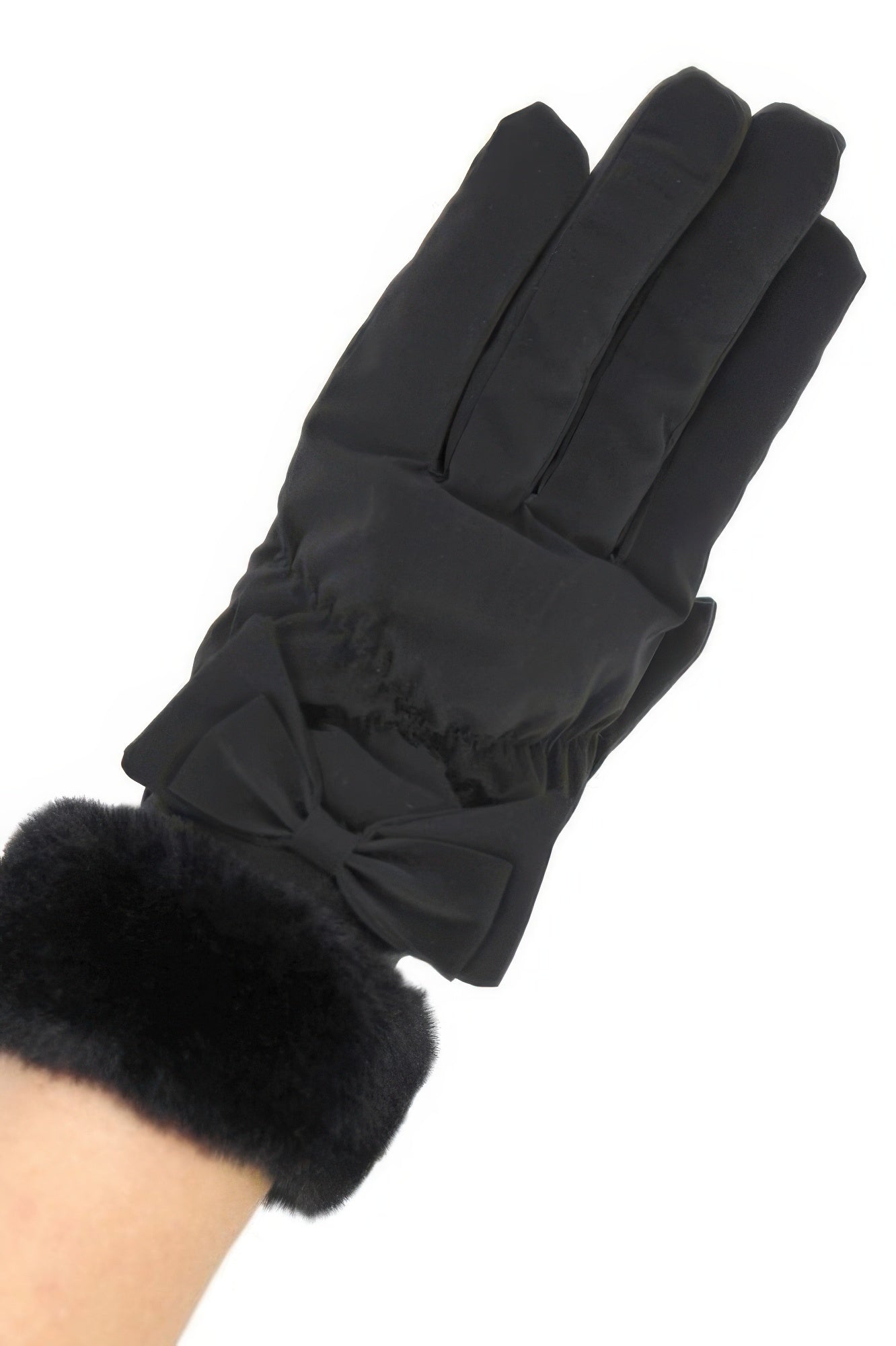 Black fleece smart-touch gloves with faux fur cuff and bow detail