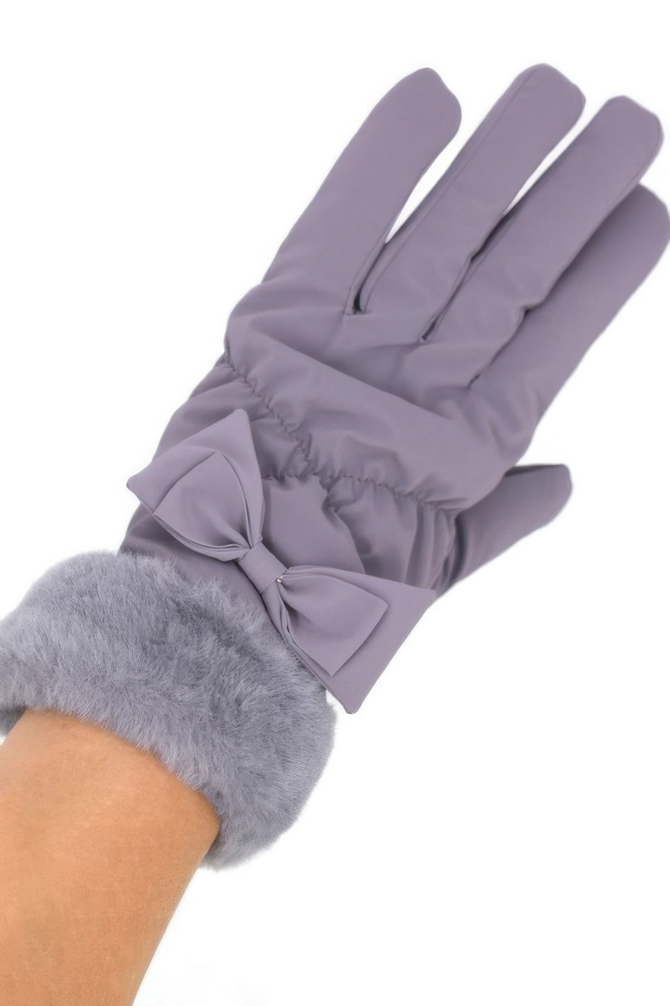 Purple fleece smart-touch gloves with faux fur cuff and bow on back
