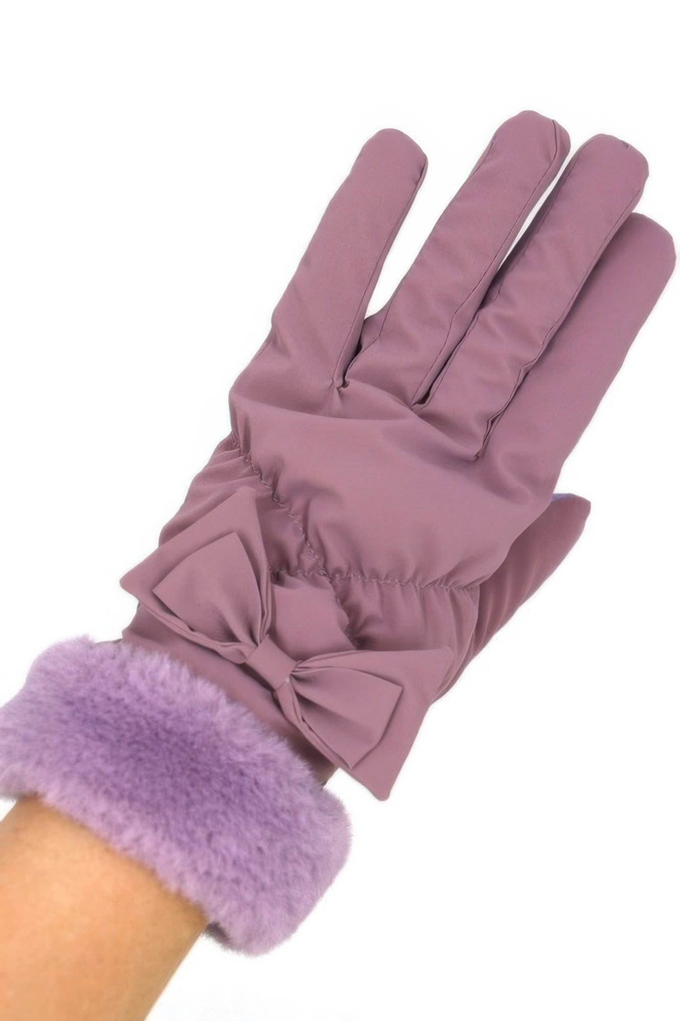Lilac/purple fleece gloves with faux fur cuff and front bow detail